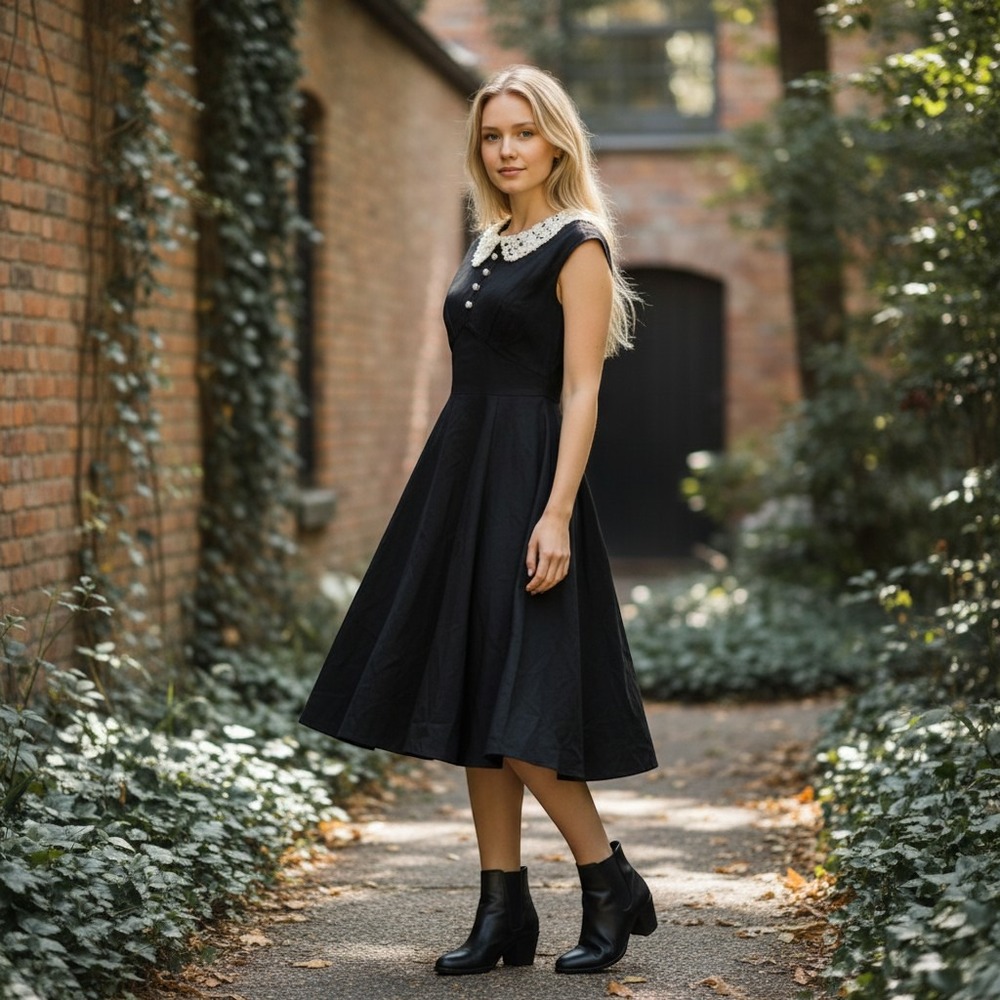 Acevog Black Lace Collar Fit and Flare Dress S Pearl Buttons Retro Rockabilly